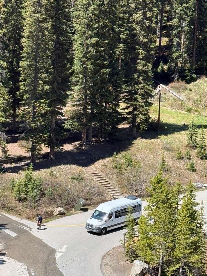 An ABestX shuttle on a forest road near Banff