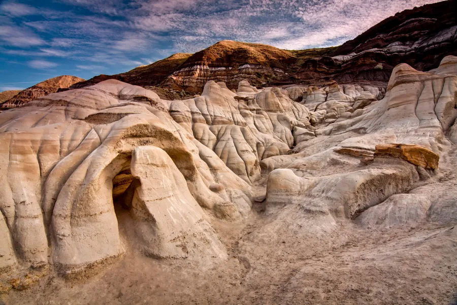 Hoodoos and layered sandstone in the Drumheller badlands, Alberta